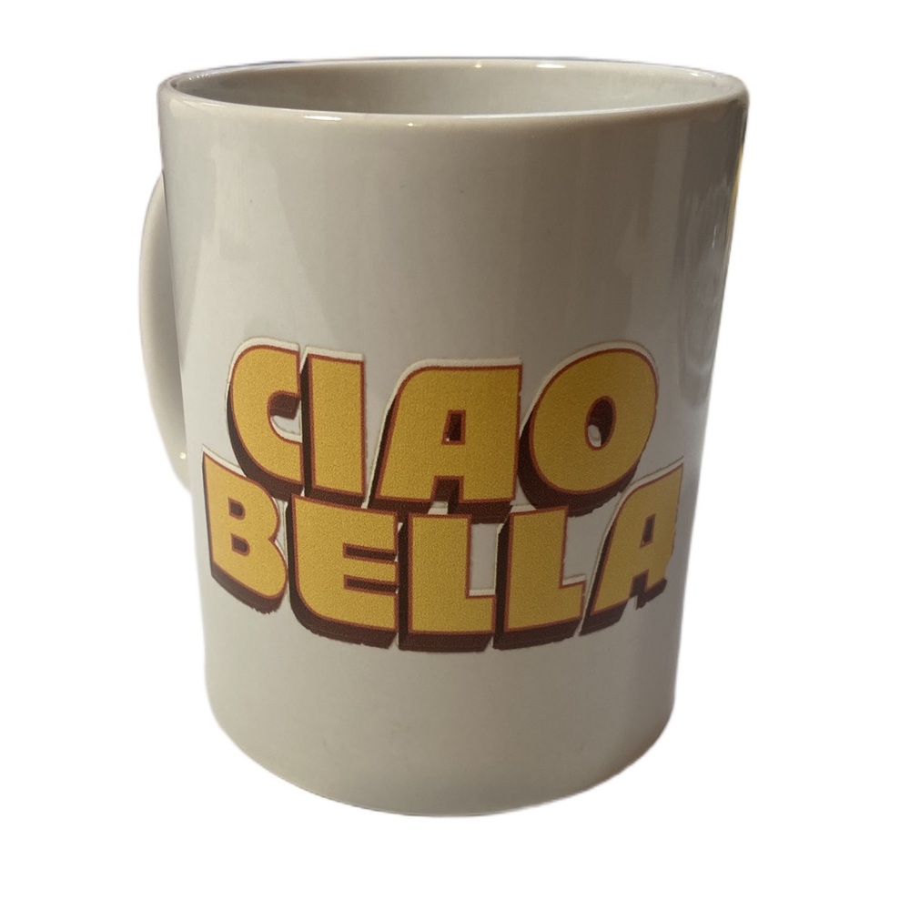 Ciao Bella Retro Coffee Mug – Bold Yellow & Orange Text – Italian Ceramic Cup